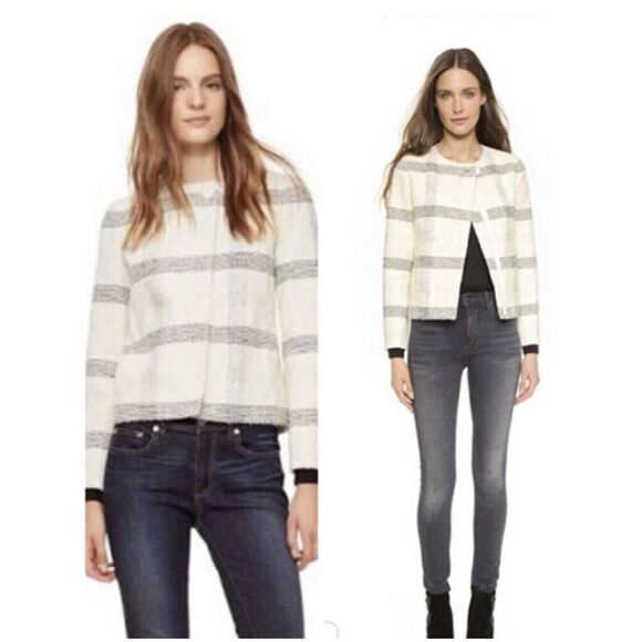 Tory Burch Wool Blend Ivory Black Plaid Blazer Zip Button Closure Women’s 10 M - Picture 1 of 14